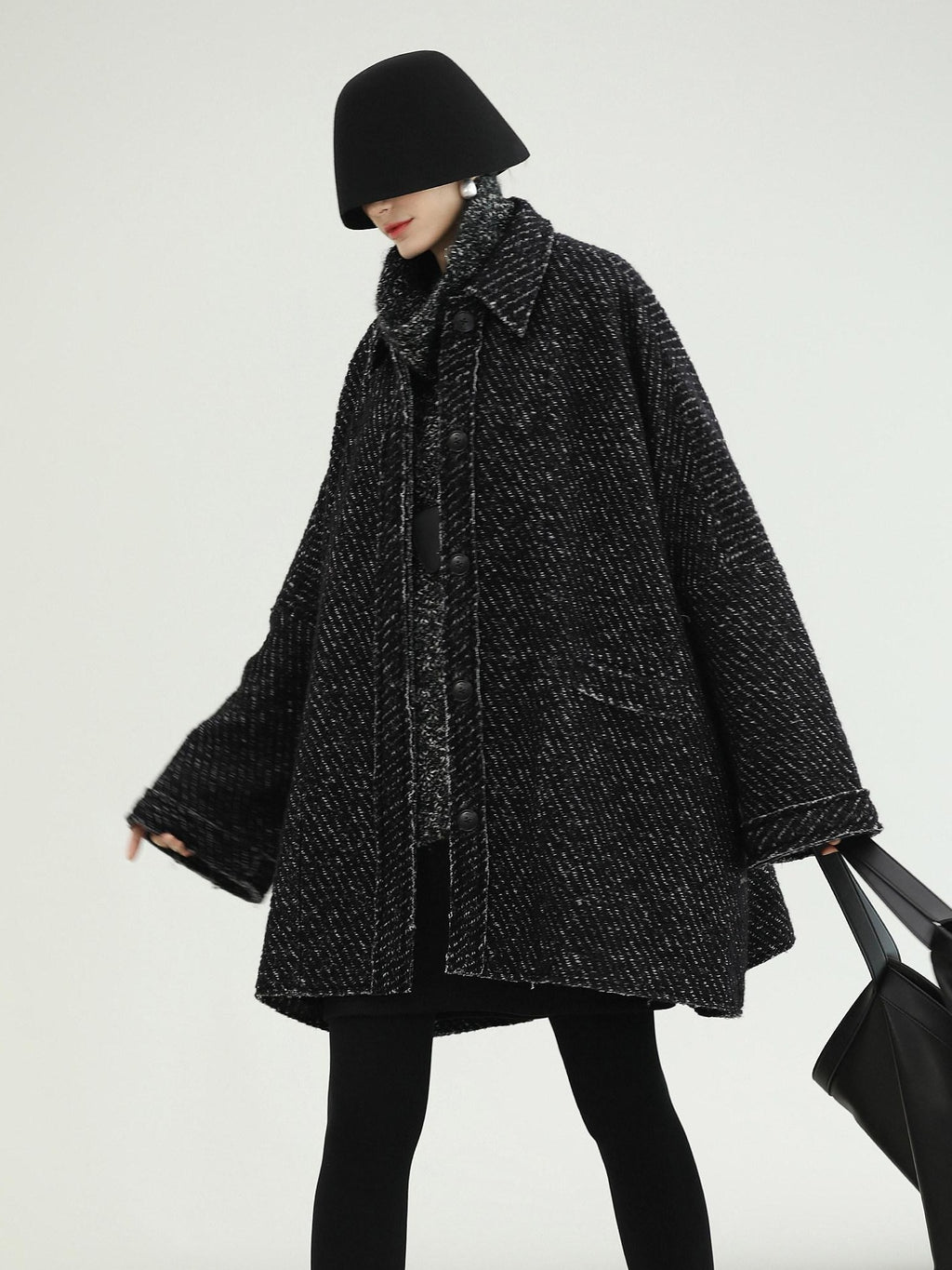 COCOBELLA Thick Wool Blend Mid Length Loose Ol Single Breasted Snowflake Black Jackets