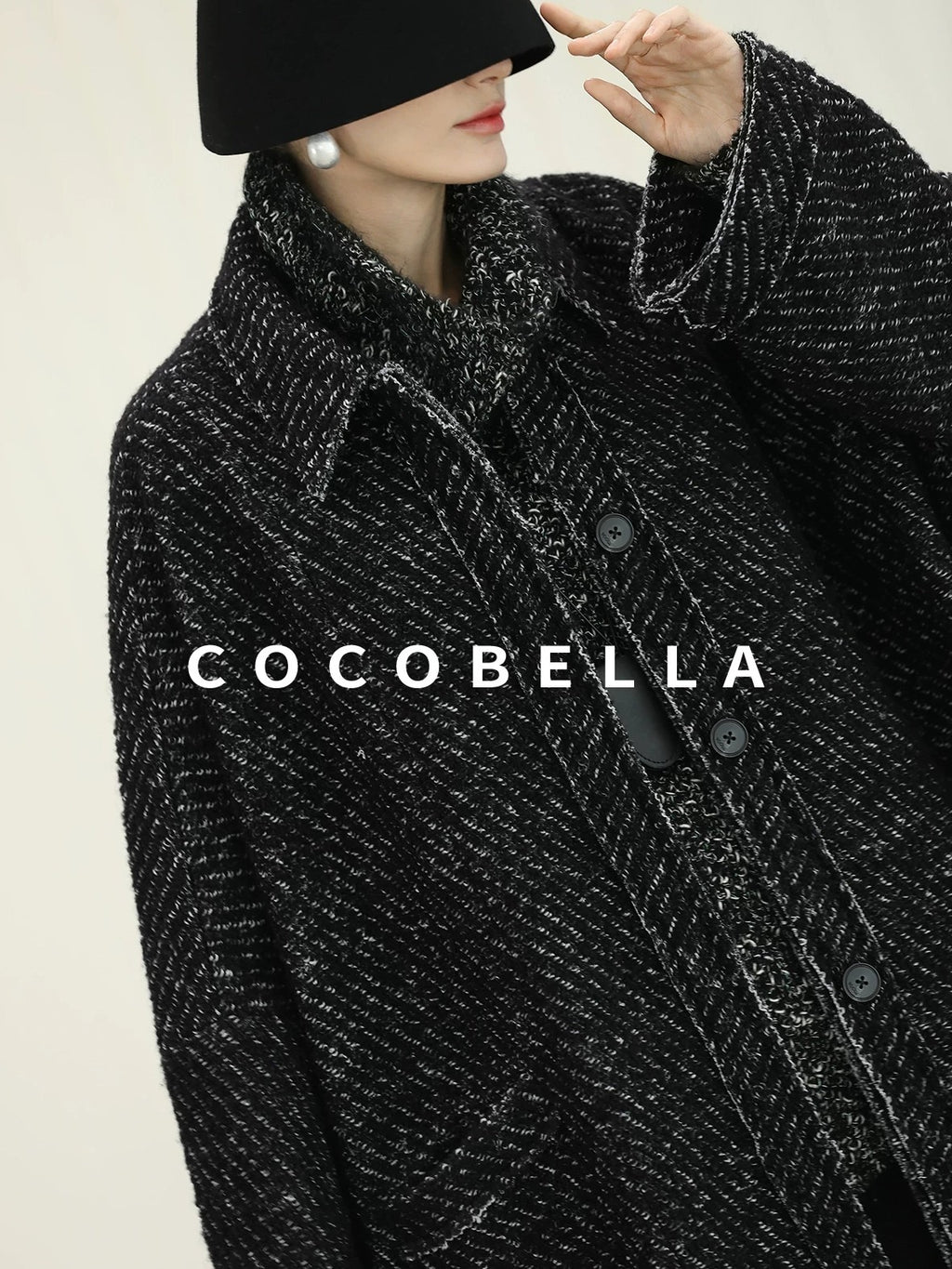 COCOBELLA Thick Wool Blend Mid Length Loose Ol Single Breasted Snowflake Black Jackets