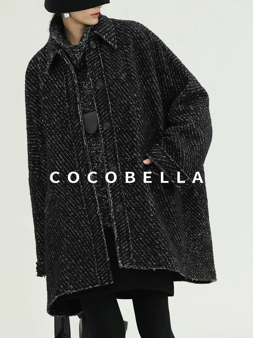 COCOBELLA Thick Wool Blend Mid Length Loose Ol Single Breasted Snowflake Black Jackets