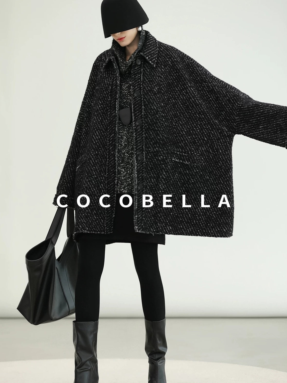 COCOBELLA Thick Wool Blend Mid Length Loose Ol Single Breasted Snowflake Black Jackets