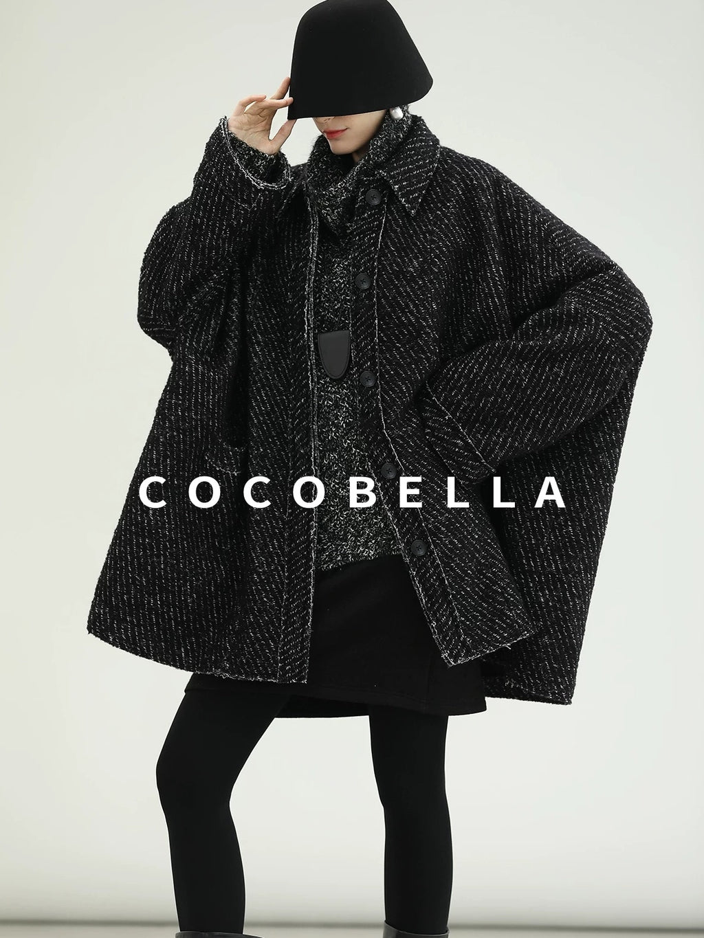COCOBELLA Thick Wool Blend Mid Length Loose Ol Single Breasted Snowflake Black Jackets
