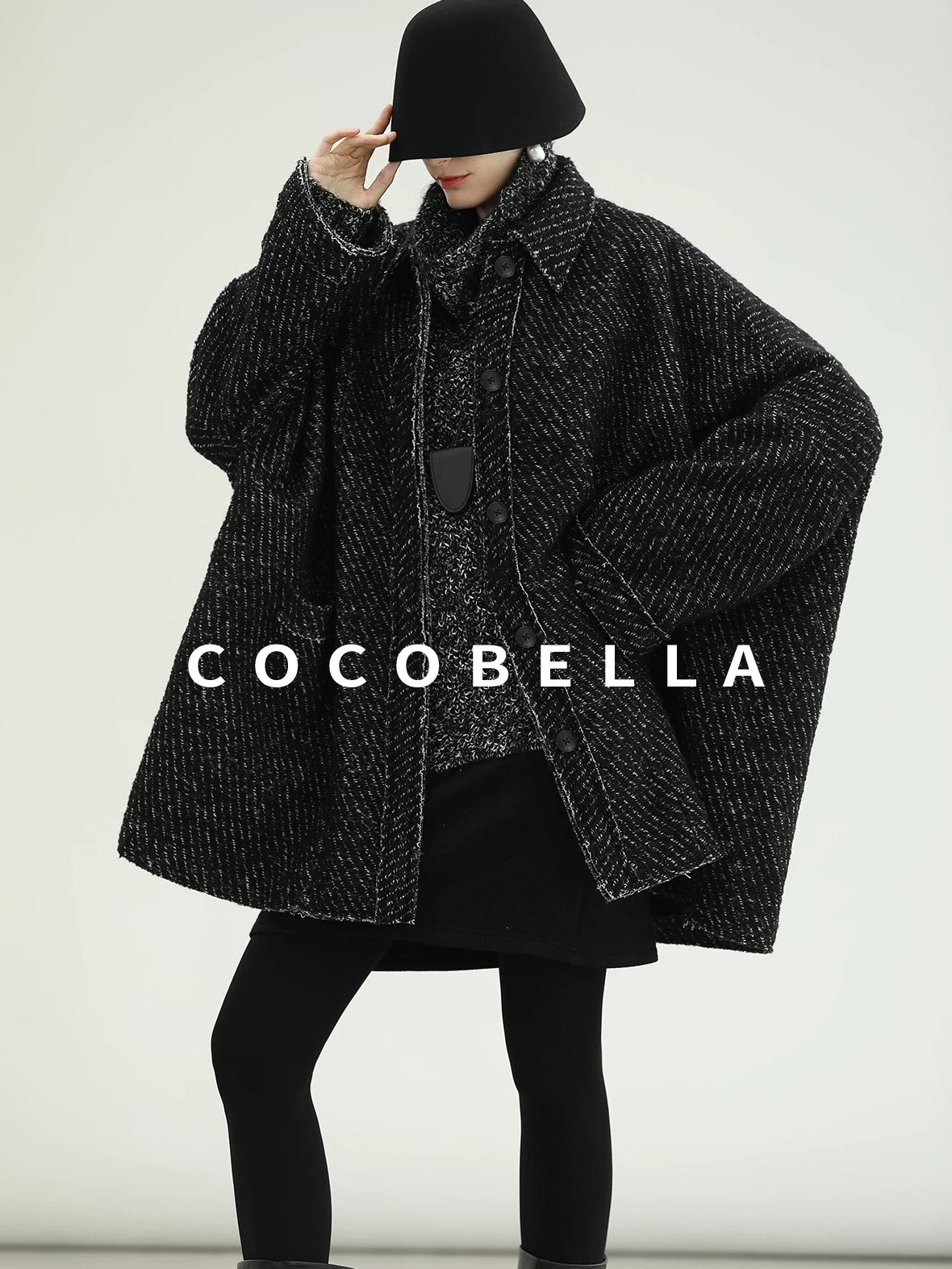 COCOBELLA Thick Wool Blend Mid Length Loose Ol Single Breasted Snowflake Black Jackets