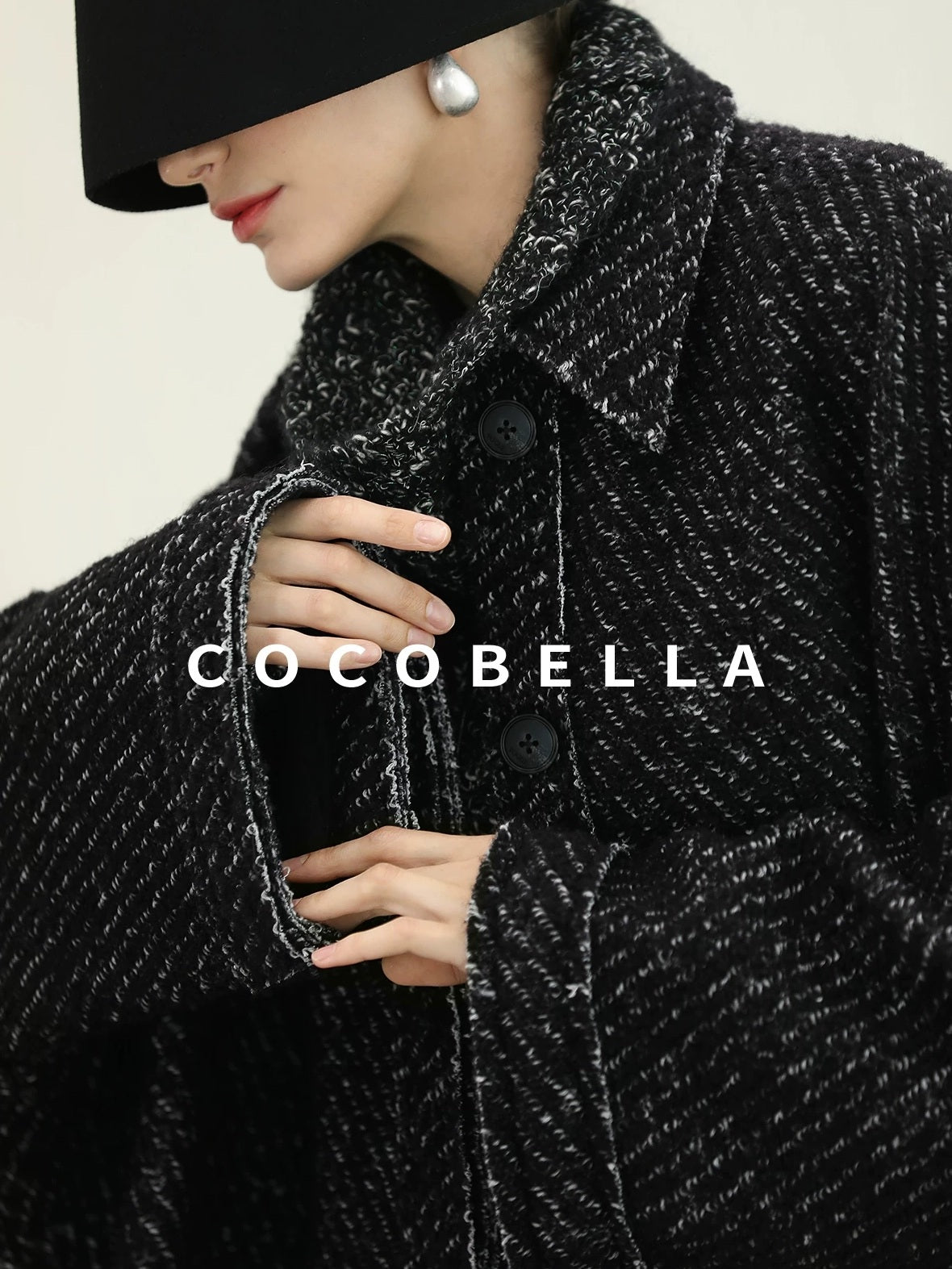 COCOBELLA Thick Wool Blend Mid Length Loose Ol Single Breasted Snowflake Black Jackets