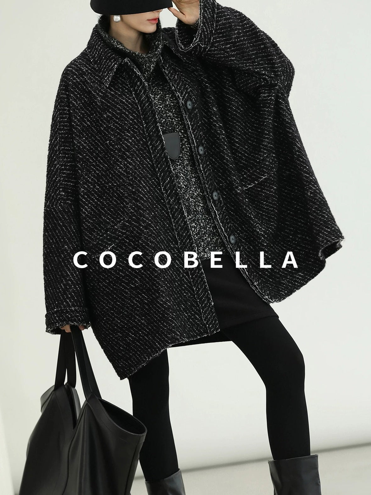 COCOBELLA Thick Wool Blend Mid Length Loose Ol Single Breasted Snowflake Black Jackets