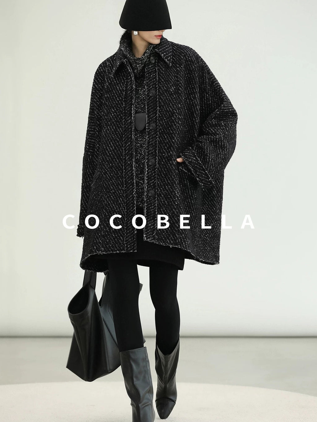 COCOBELLA Thick Wool Blend Mid Length Loose Ol Single Breasted Snowflake Black Jackets