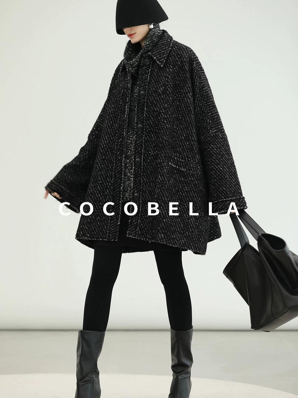 COCOBELLA Thick Wool Blend Mid Length Loose Ol Single Breasted Snowflake Black Jackets