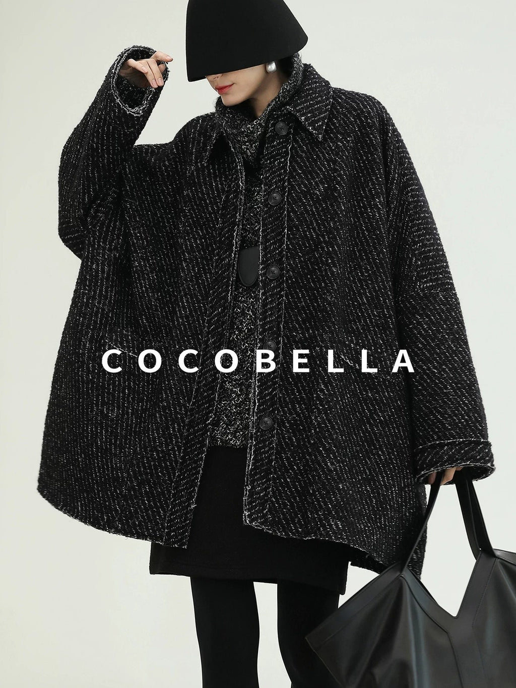 COCOBELLA Thick Wool Blend Mid Length Loose Ol Single Breasted Snowflake Black Jackets