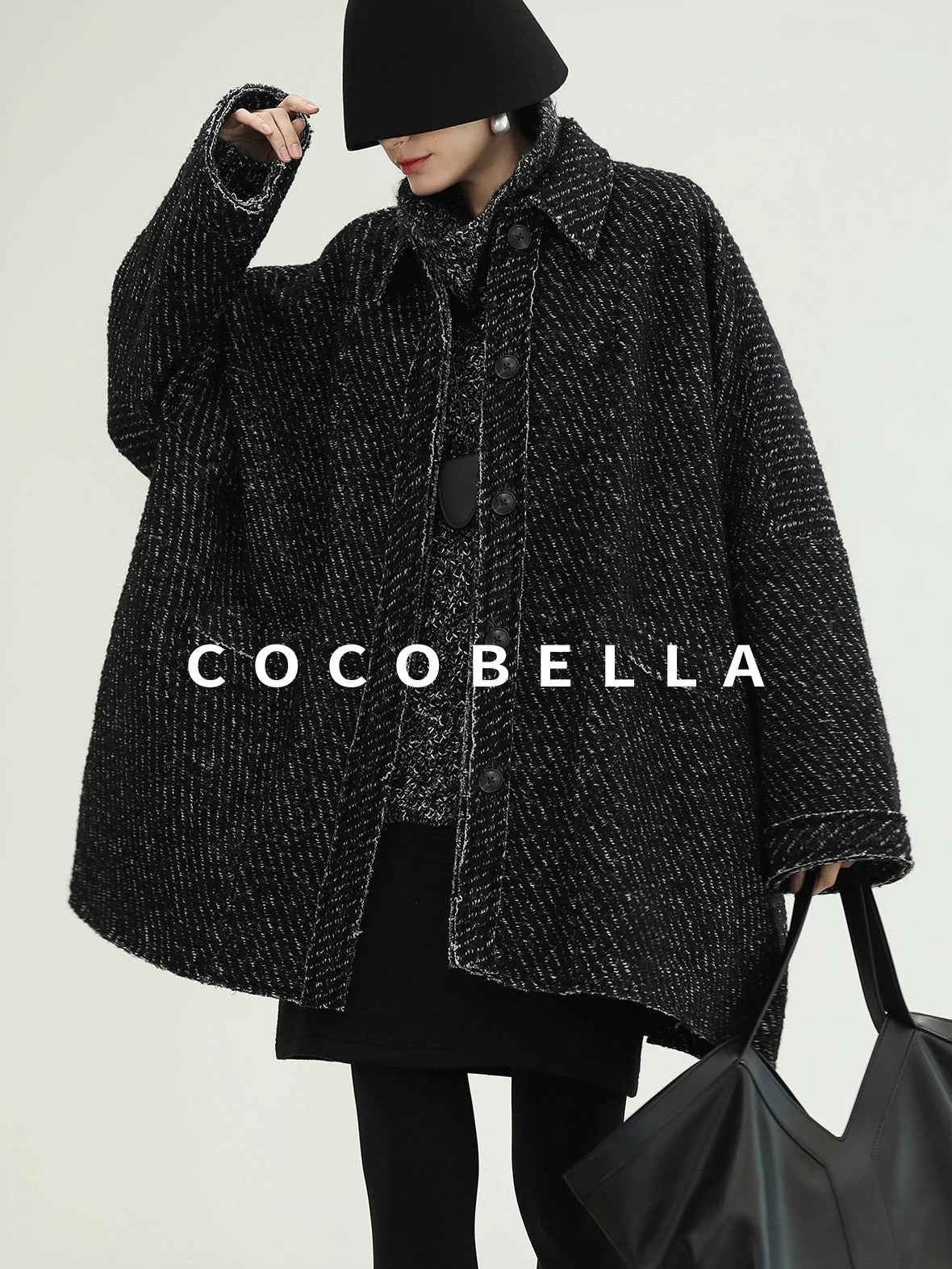 COCOBELLA Thick Wool Blend Mid Length Loose Ol Single Breasted Snowflake Black Jackets