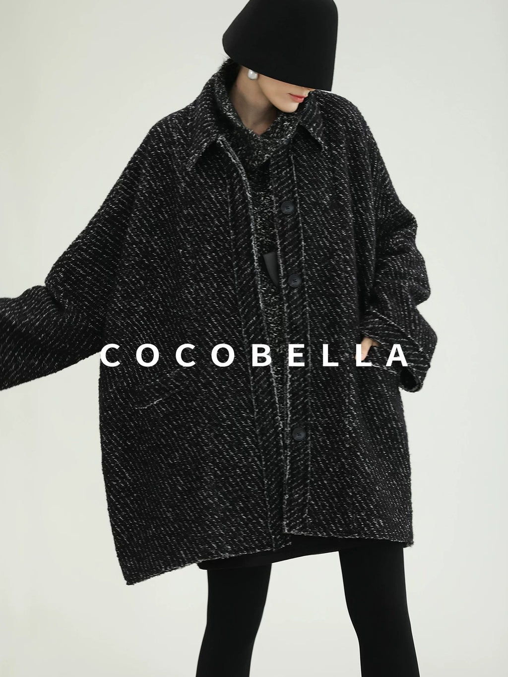 COCOBELLA Thick Wool Blend Mid Length Loose Ol Single Breasted Snowflake Black Jackets