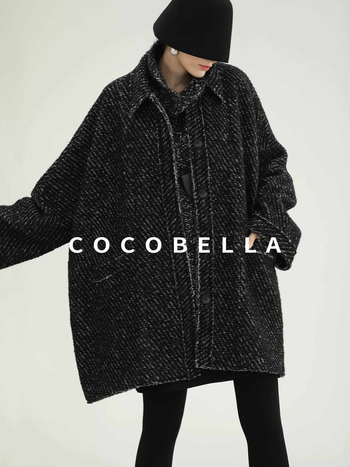 COCOBELLA Thick Wool Blend Mid Length Loose Ol Single Breasted Snowflake Black Jackets