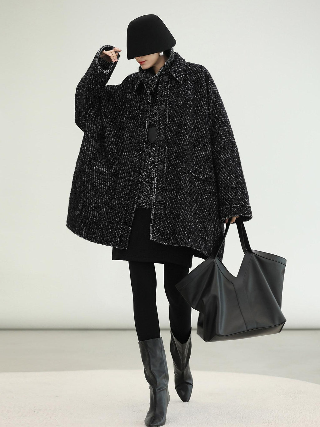 COCOBELLA Thick Wool Blend Mid Length Loose Ol Single Breasted Snowflake Black Jackets