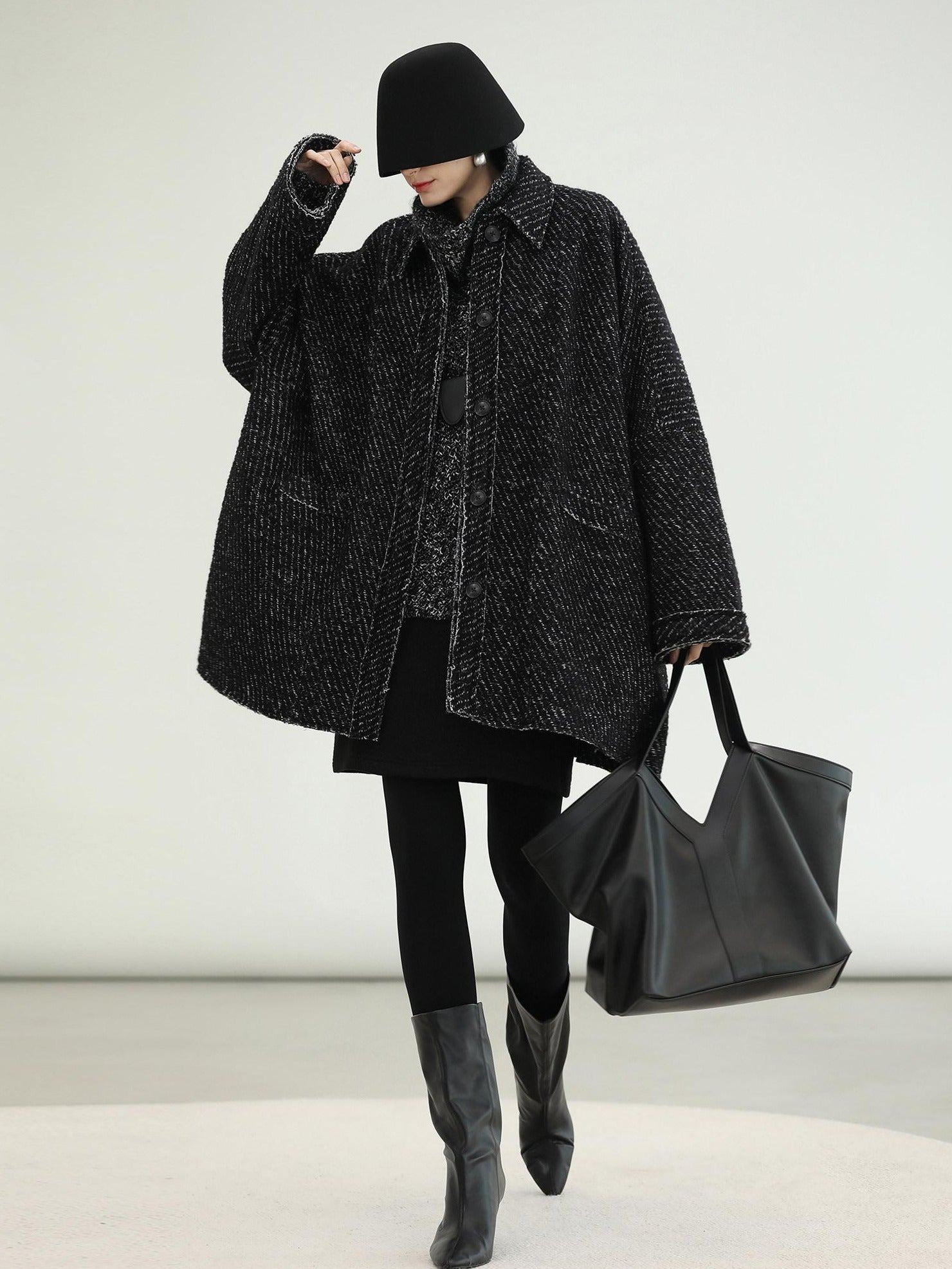 COCOBELLA Thick Wool Blend Mid Length Loose Ol Single Breasted Snowflake Black Jackets