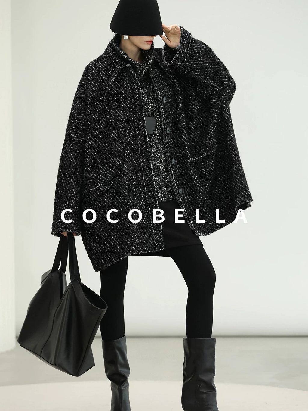 COCOBELLA Thick Wool Blend Mid Length Loose Ol Single Breasted Snowflake Black Jackets