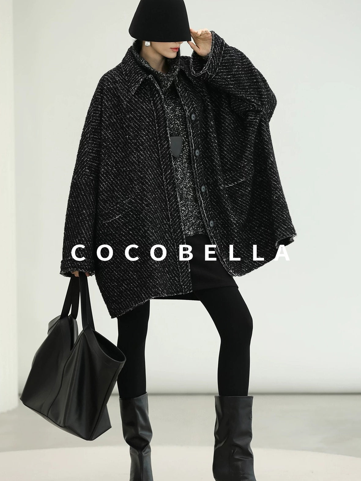 COCOBELLA Thick Wool Blend Mid Length Loose Ol Single Breasted Snowflake Black Jackets