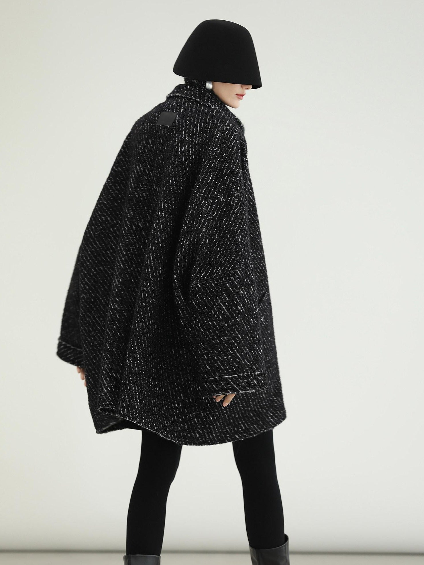 COCOBELLA Thick Wool Blend Mid Length Loose Ol Single Breasted Snowflake Black Jackets