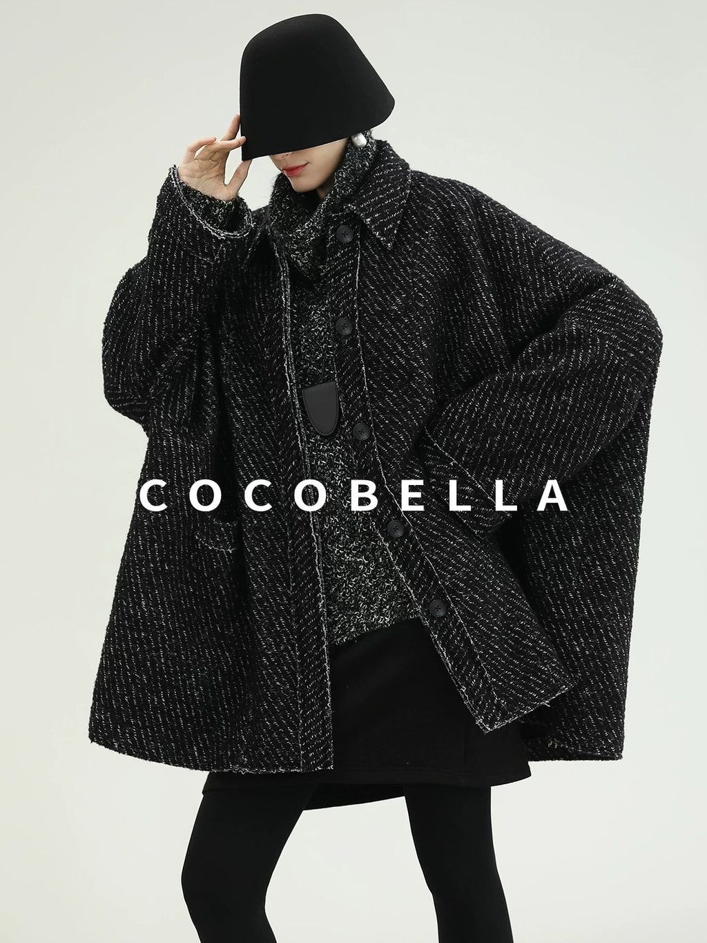 COCOBELLA Thick Wool Blend Mid Length Loose Ol Single Breasted Snowflake Black Jackets