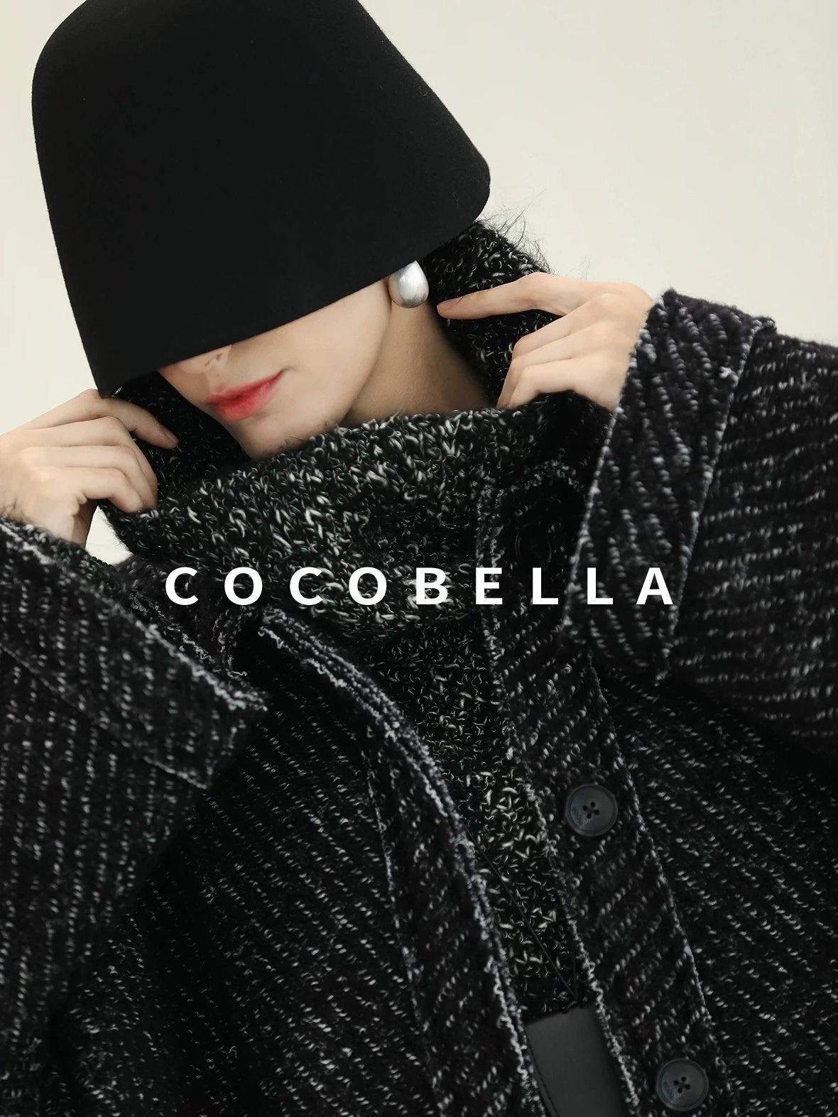 COCOBELLA Thick Wool Blend Mid Length Loose Ol Single Breasted Snowflake Black Jackets
