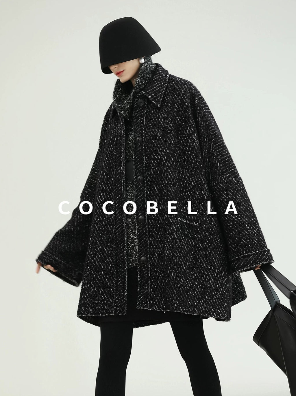 COCOBELLA Thick Wool Blend Mid Length Loose Ol Single Breasted Snowflake Black Jackets