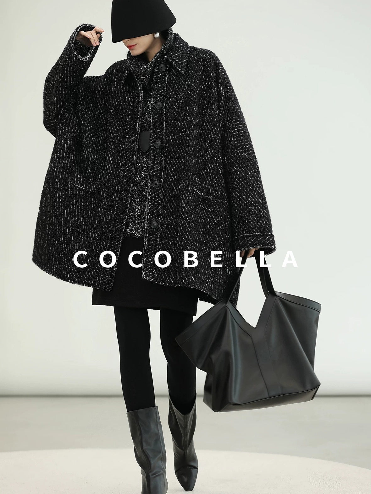 COCOBELLA Thick Wool Blend Mid Length Loose Ol Single Breasted Snowflake Black Jackets