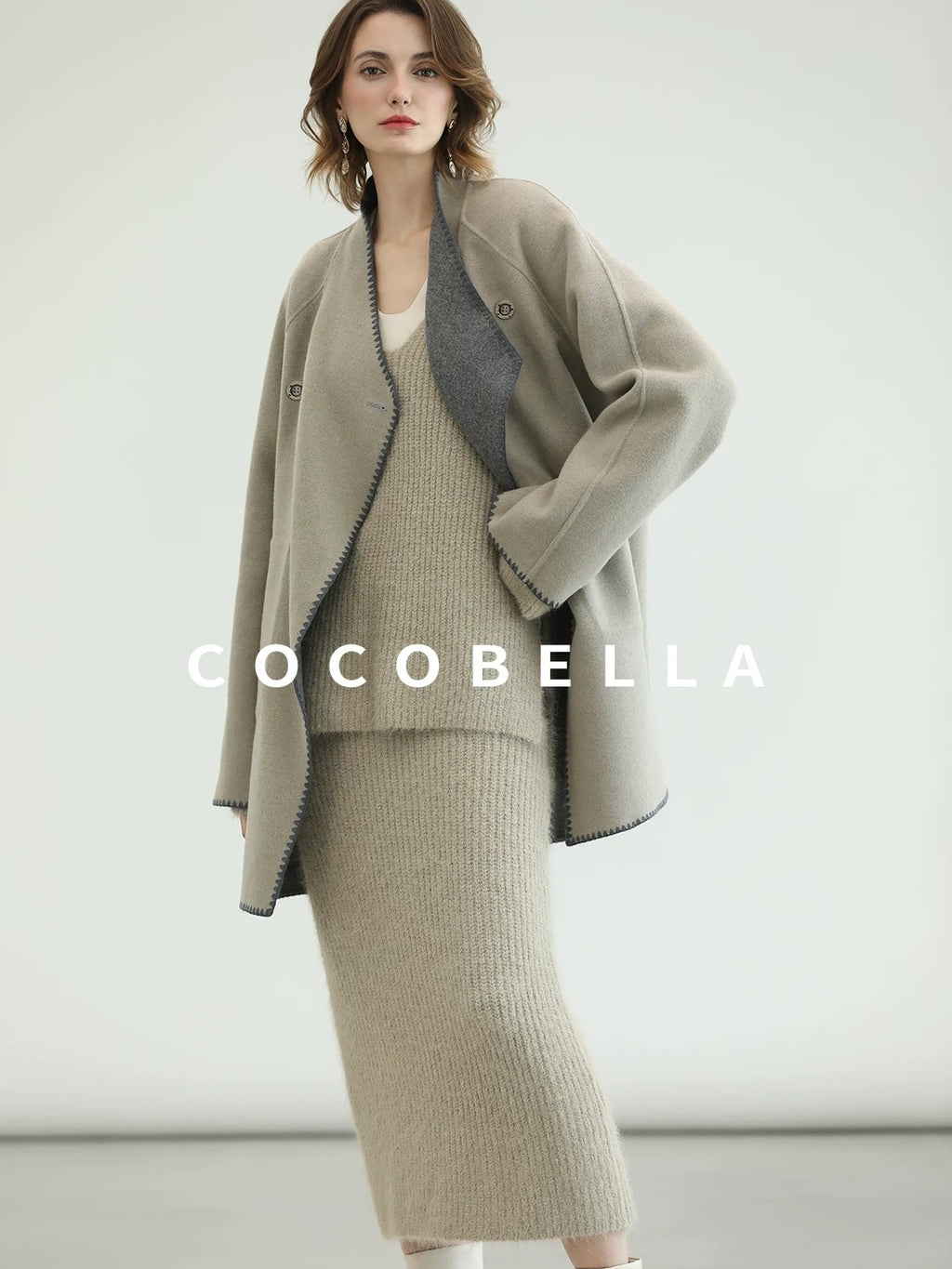 COCOBELLA Thick Wool Blend Scallop Scarf Relaxed Fit Office Midlength Overcoats Coats