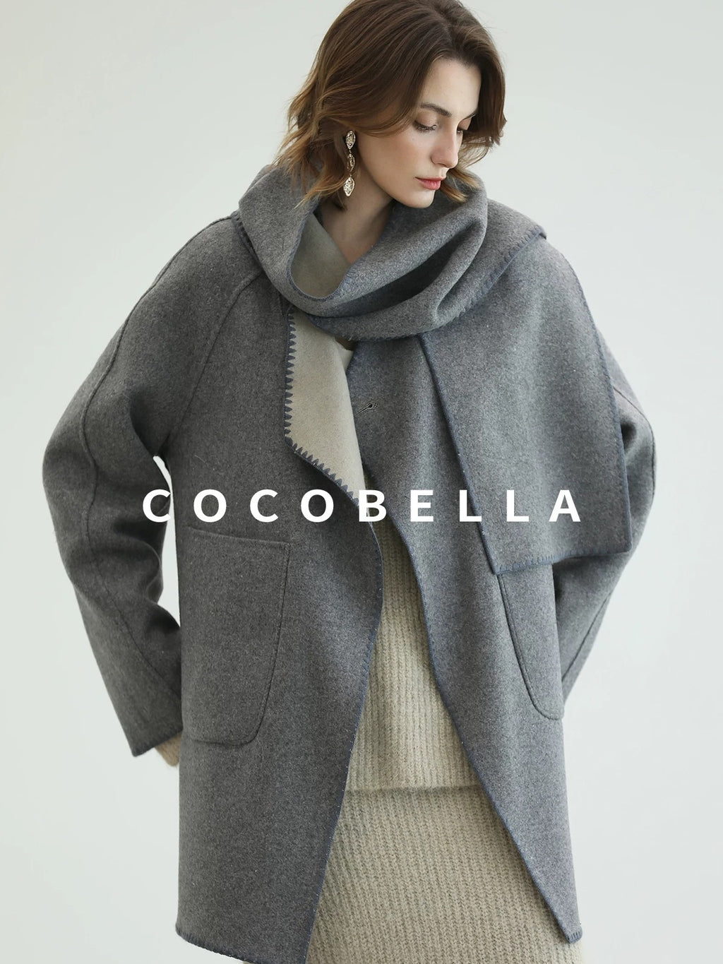 COCOBELLA Thick Wool Blend Scallop Scarf Relaxed Fit Office Midlength Overcoats Coats
