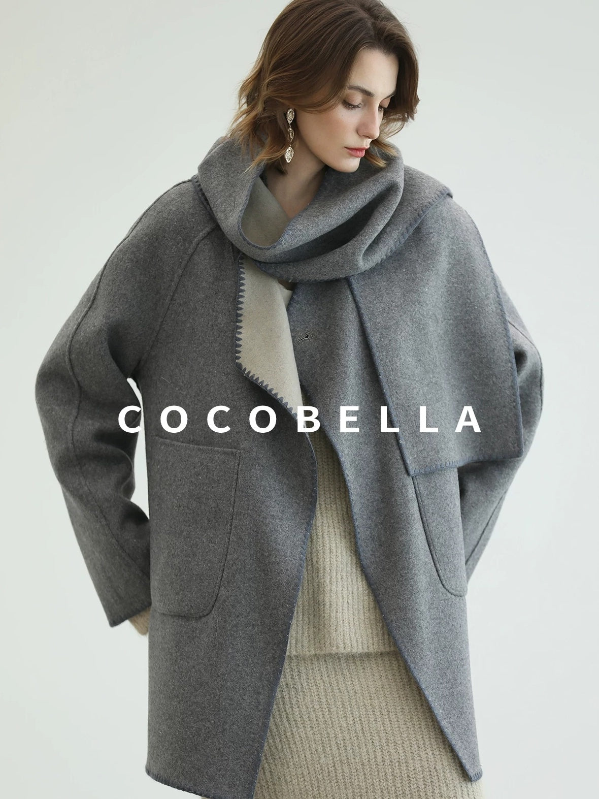 COCOBELLA Thick Wool Blend Scallop Scarf Relaxed Fit Office Midlength Overcoats Coats