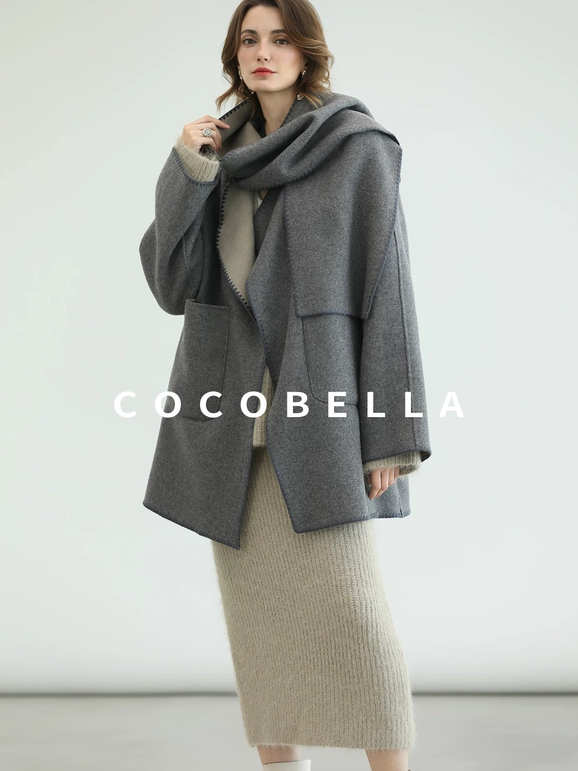 COCOBELLA Thick Wool Blend Scallop Scarf Relaxed Fit Office Midlength Overcoats Coats