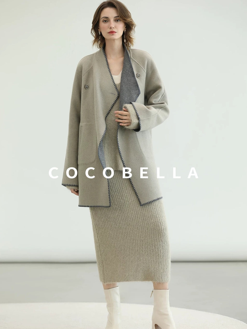 COCOBELLA Thick Wool Blend Scallop Scarf Relaxed Fit Office Midlength Overcoats Coats