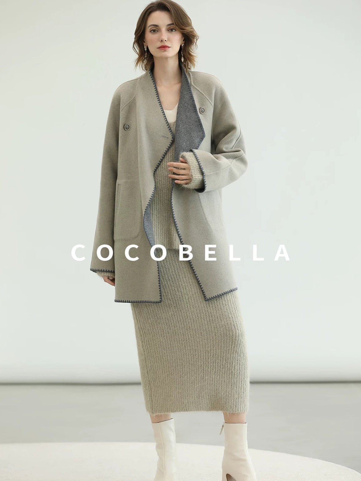 COCOBELLA Thick Wool Blend Scallop Scarf Relaxed Fit Office Midlength Overcoats Coats
