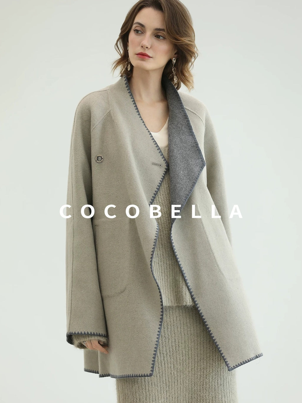 COCOBELLA Thick Wool Blend Scallop Scarf Relaxed Fit Office Midlength Overcoats Coats