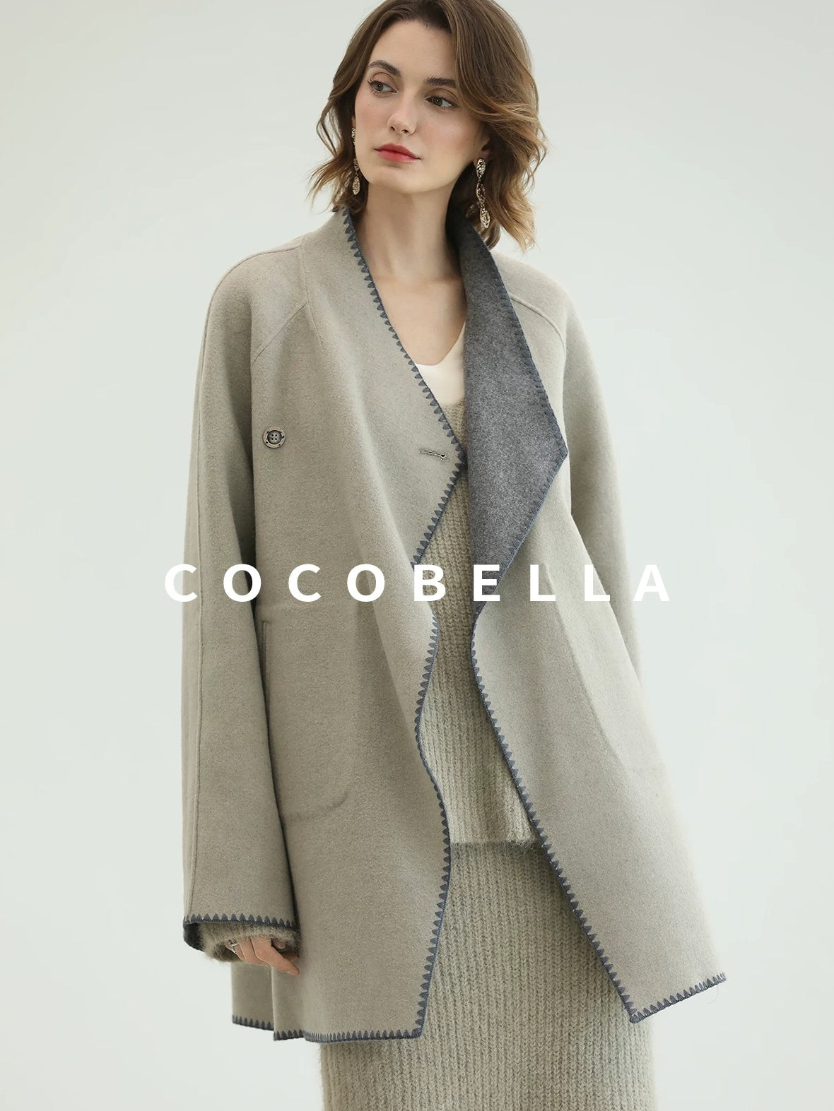 COCOBELLA Thick Wool Blend Scallop Scarf Relaxed Fit Office Midlength Overcoats Coats