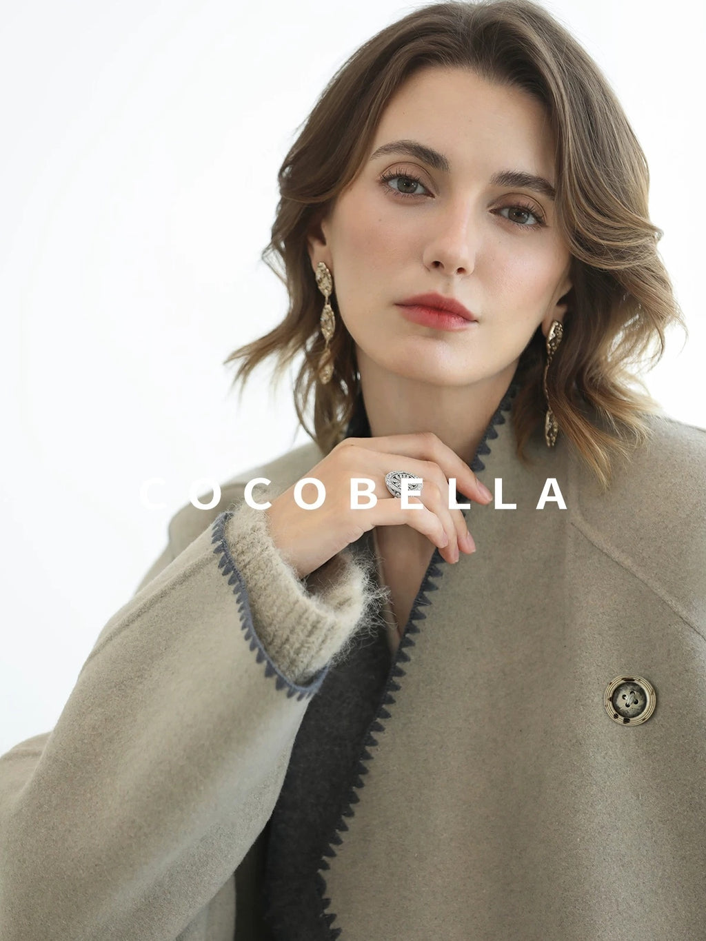 COCOBELLA Thick Wool Blend Scallop Scarf Relaxed Fit Office Midlength Overcoats Coats