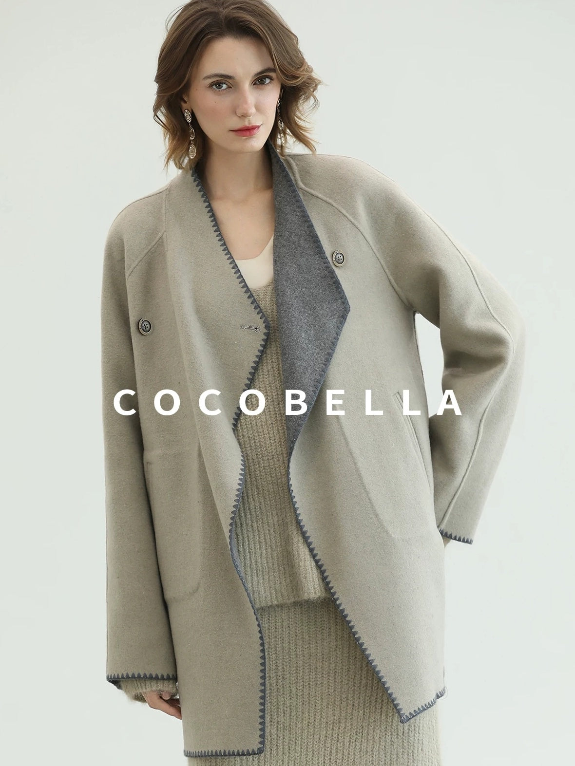COCOBELLA Thick Wool Blend Scallop Scarf Relaxed Fit Office Midlength Overcoats Coats