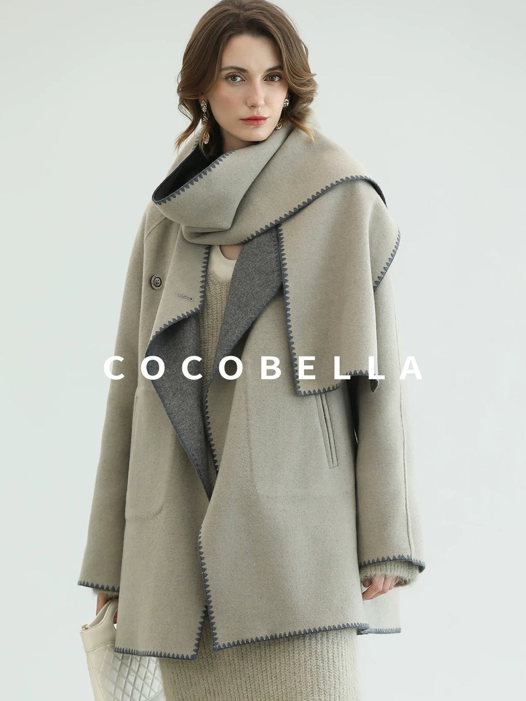 COCOBELLA Thick Wool Blend Scallop Scarf Relaxed Fit Office Midlength Overcoats Coats