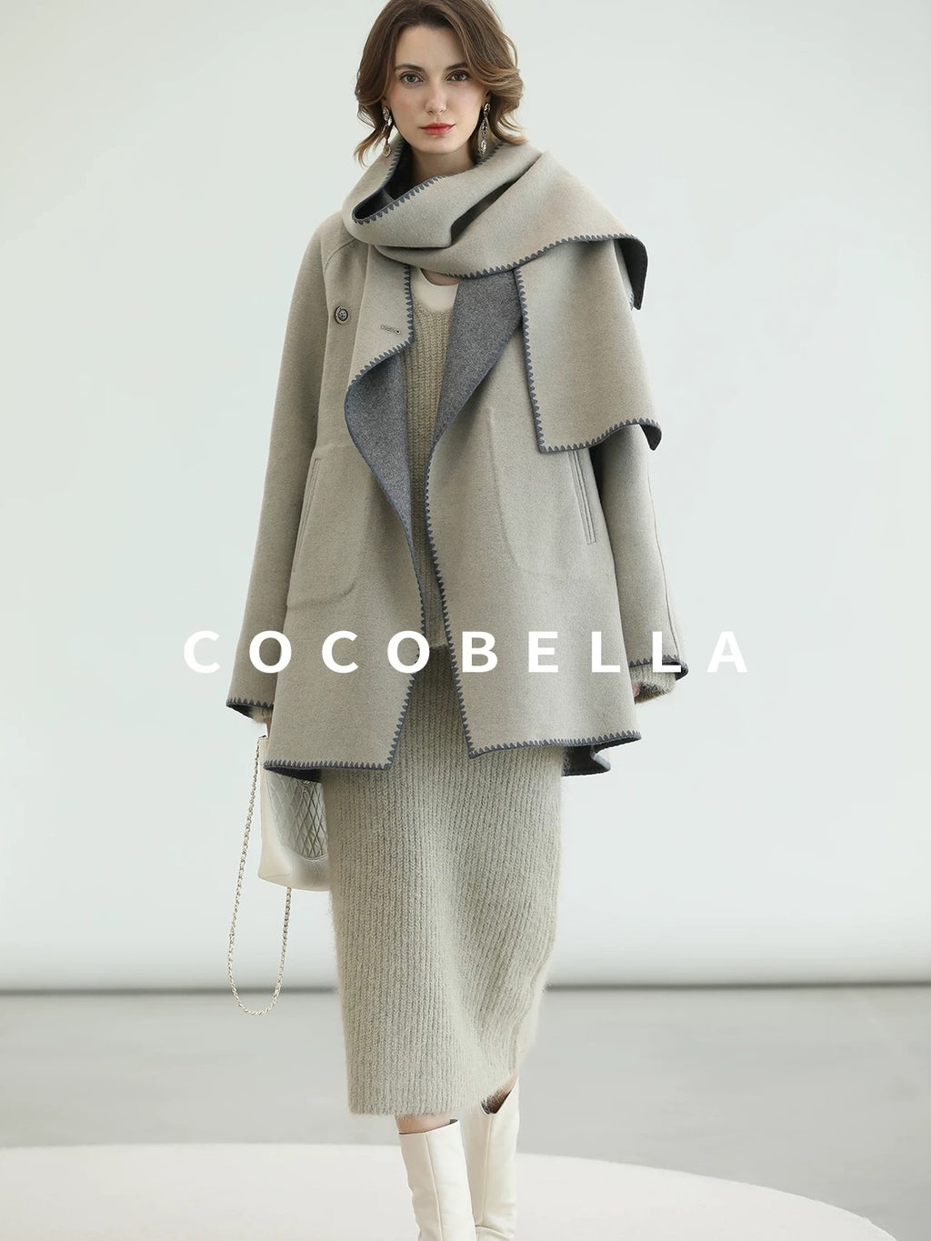 COCOBELLA Thick Wool Blend Scallop Scarf Relaxed Fit Office Midlength Overcoats Coats