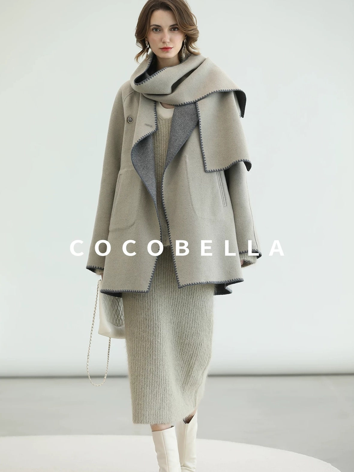 COCOBELLA Thick Wool Blend Scallop Scarf Relaxed Fit Office Midlength Overcoats Coats