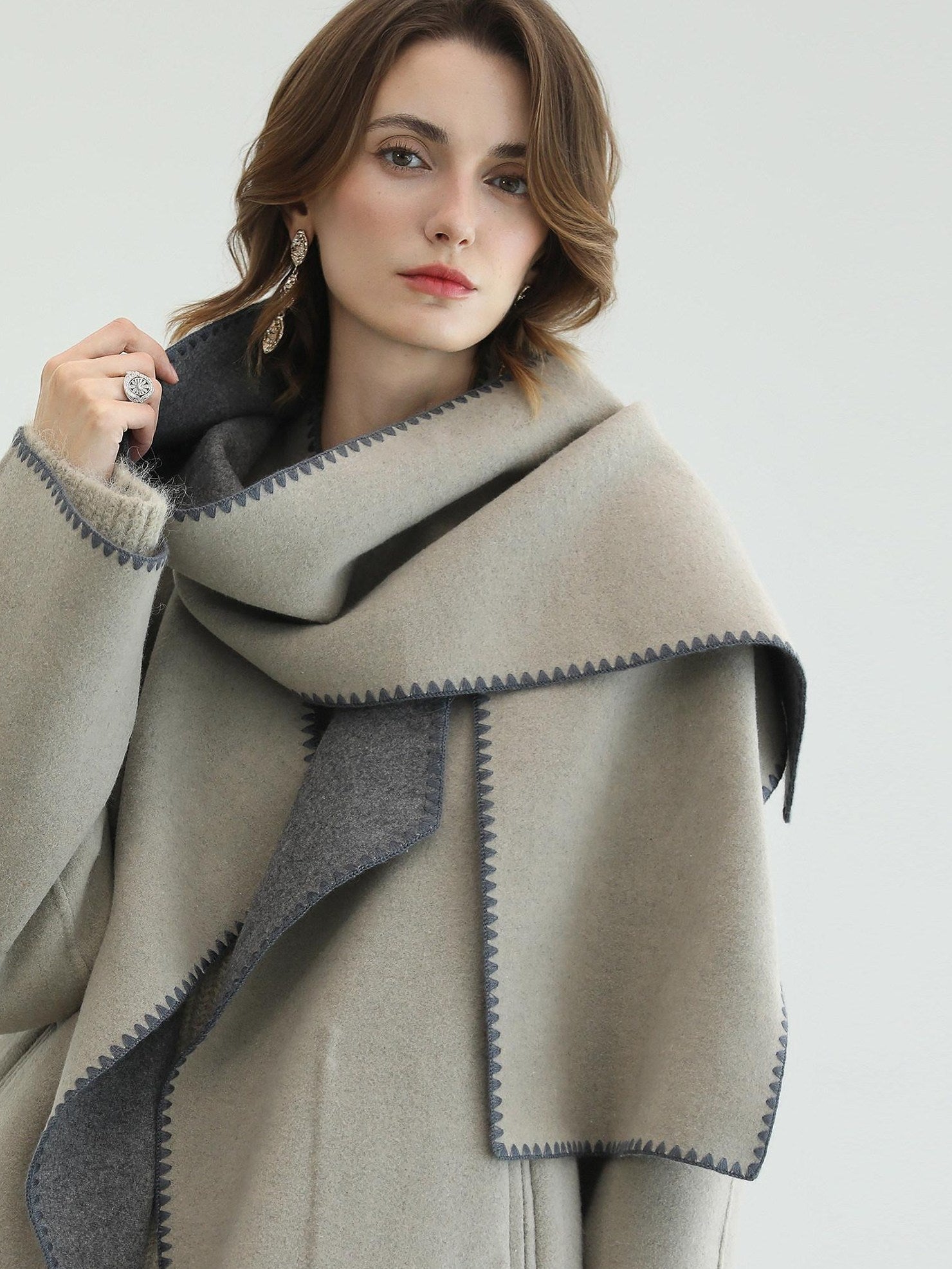 COCOBELLA Thick Wool Blend Scallop Scarf Relaxed Fit Office Midlength Overcoats Coats