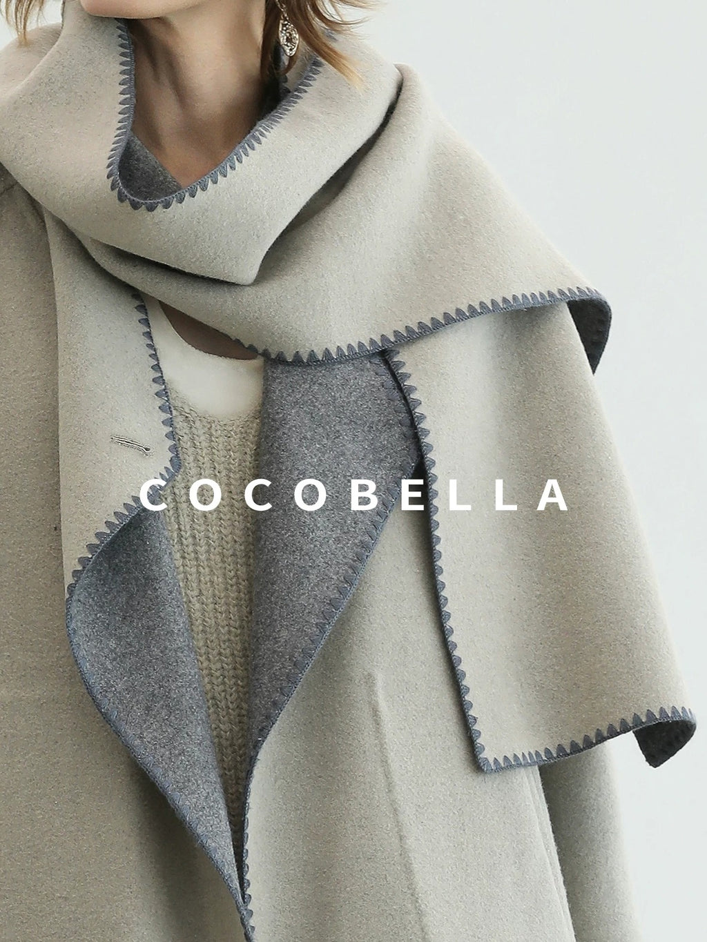 COCOBELLA Thick Wool Blend Scallop Scarf Relaxed Fit Office Midlength Overcoats Coats