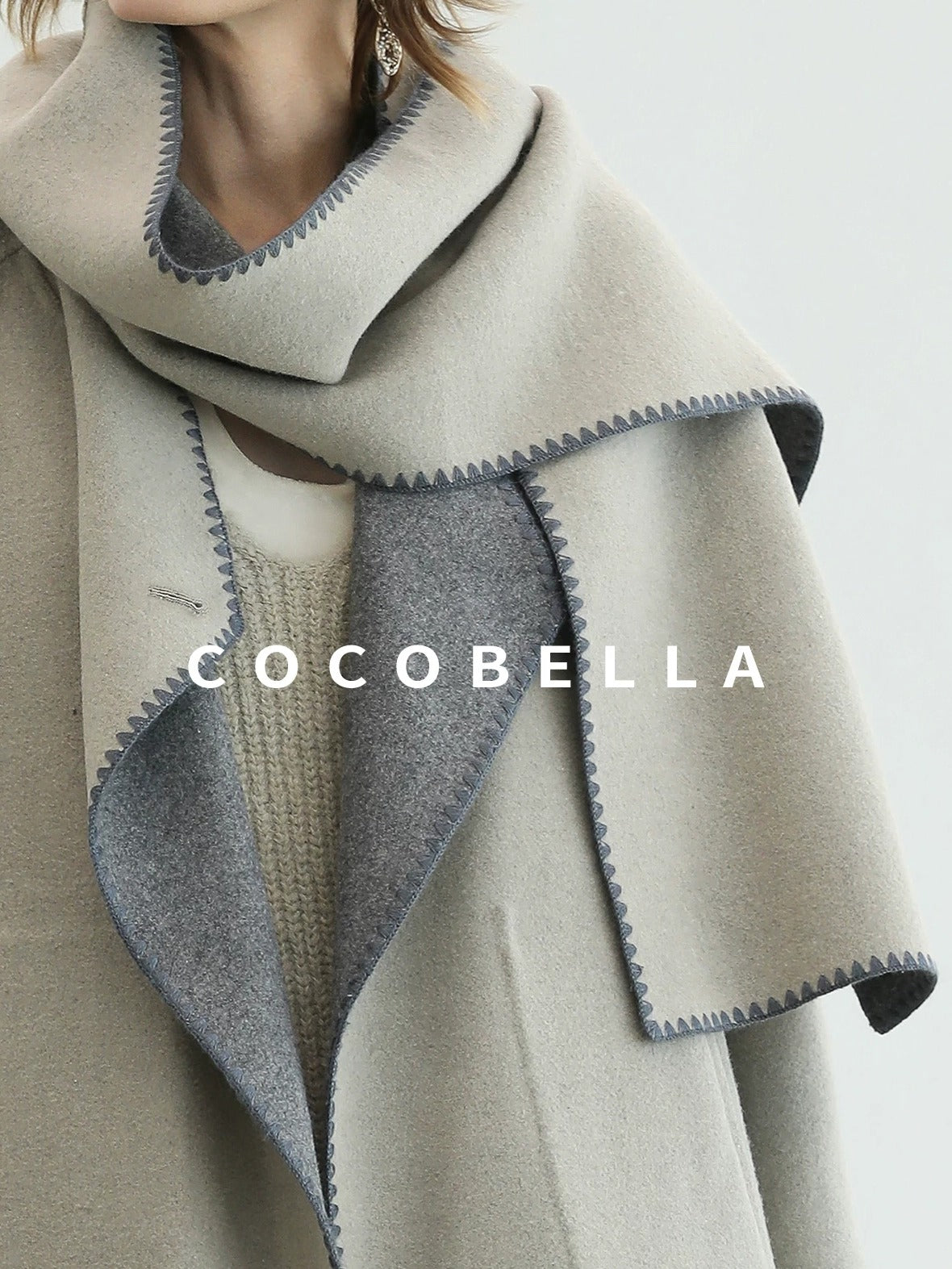 COCOBELLA Thick Wool Blend Scallop Scarf Relaxed Fit Office Midlength Overcoats Coats