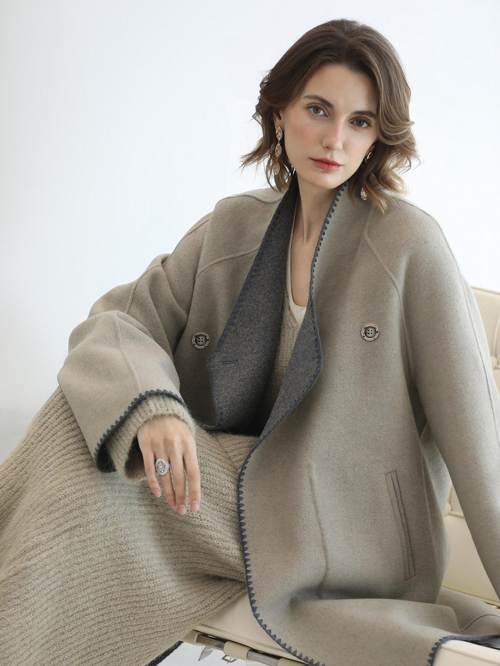 COCOBELLA Thick Wool Blend Scallop Scarf Relaxed Fit Office Midlength Overcoats Coats