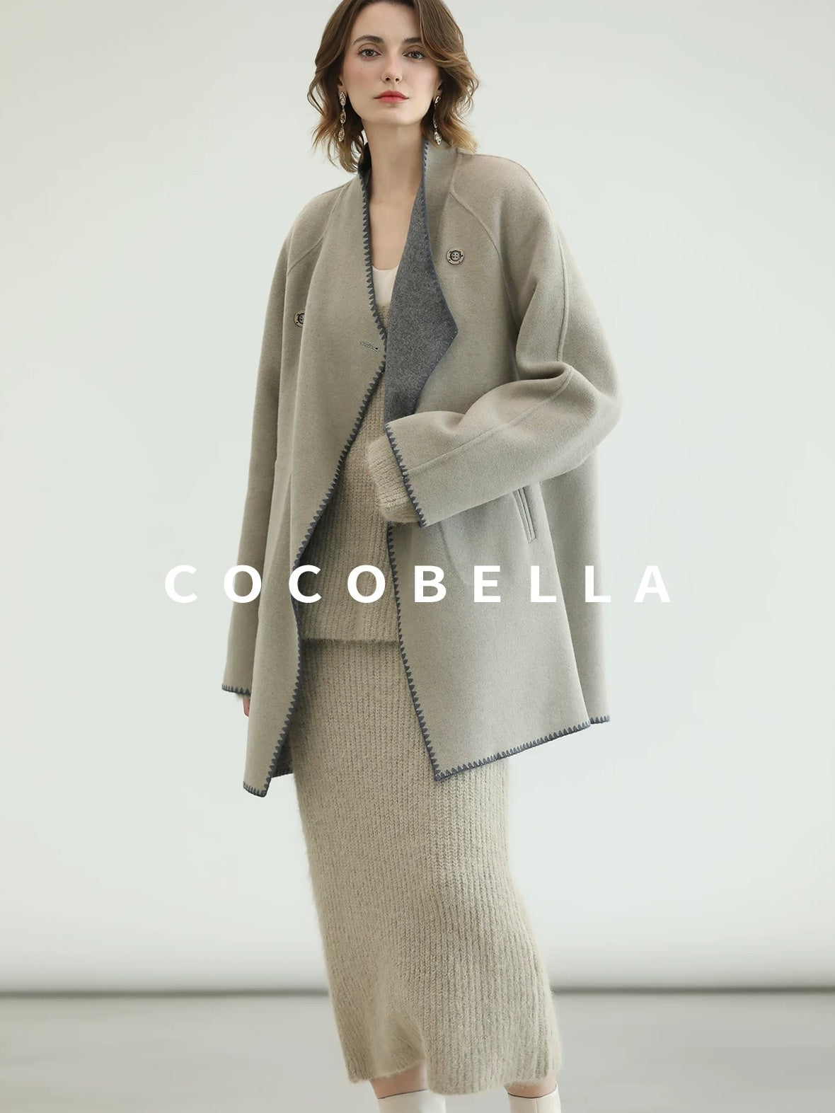 COCOBELLA Thick Wool Blend Scallop Scarf Relaxed Fit Office Midlength Overcoats Coats
