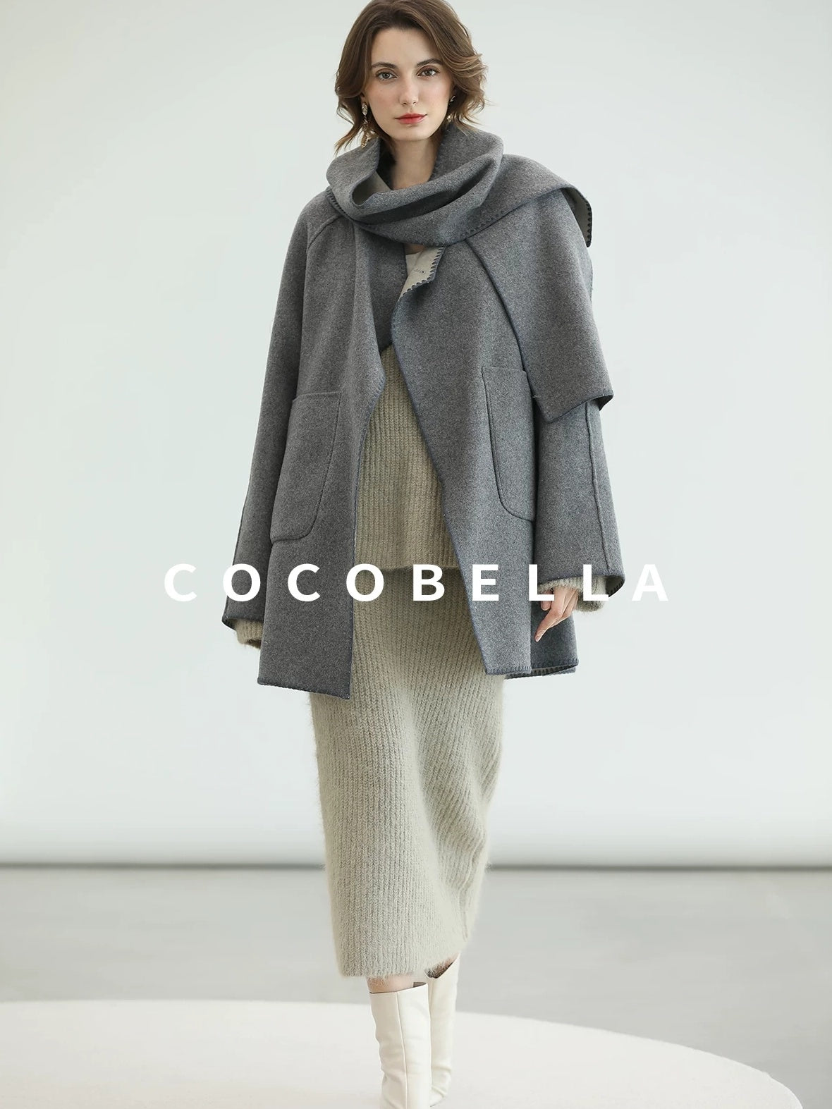 COCOBELLA Thick Wool Blend Scallop Scarf Relaxed Fit Office Midlength Overcoats Coats