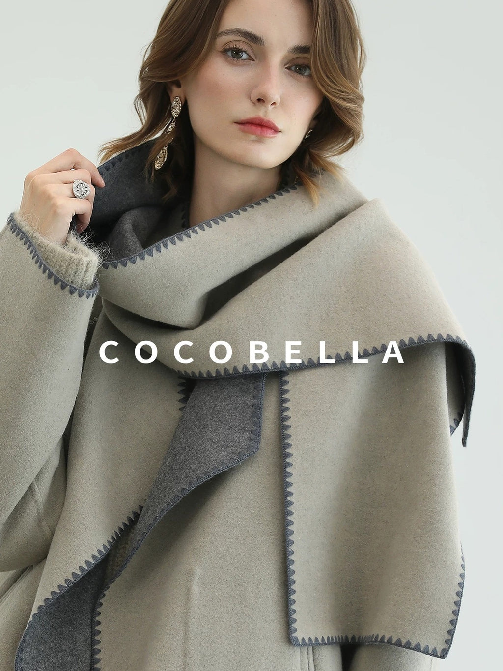 COCOBELLA Thick Wool Blend Scallop Scarf Relaxed Fit Office Midlength Overcoats Coats