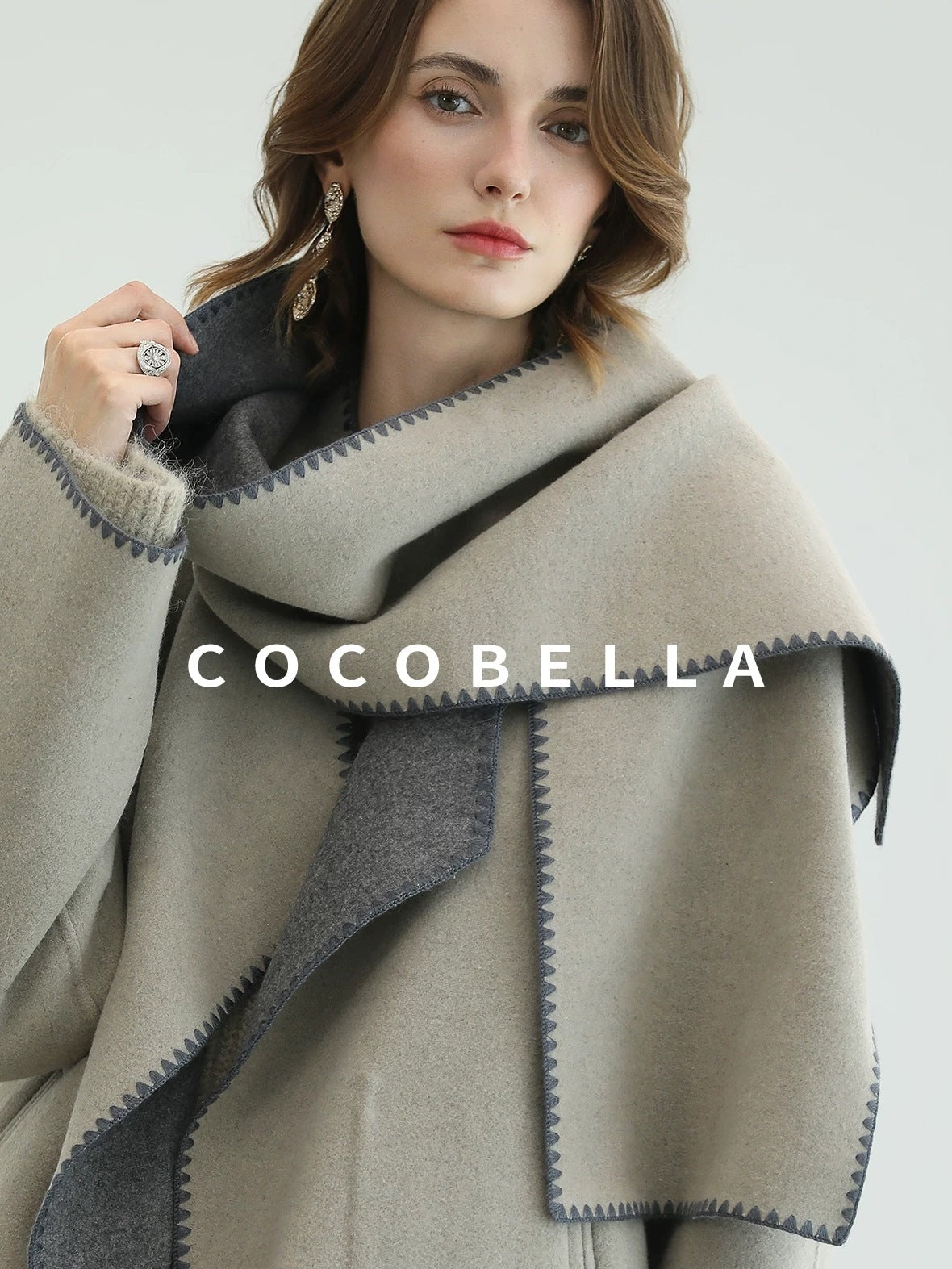COCOBELLA Thick Wool Blend Scallop Scarf Relaxed Fit Office Midlength Overcoats Coats