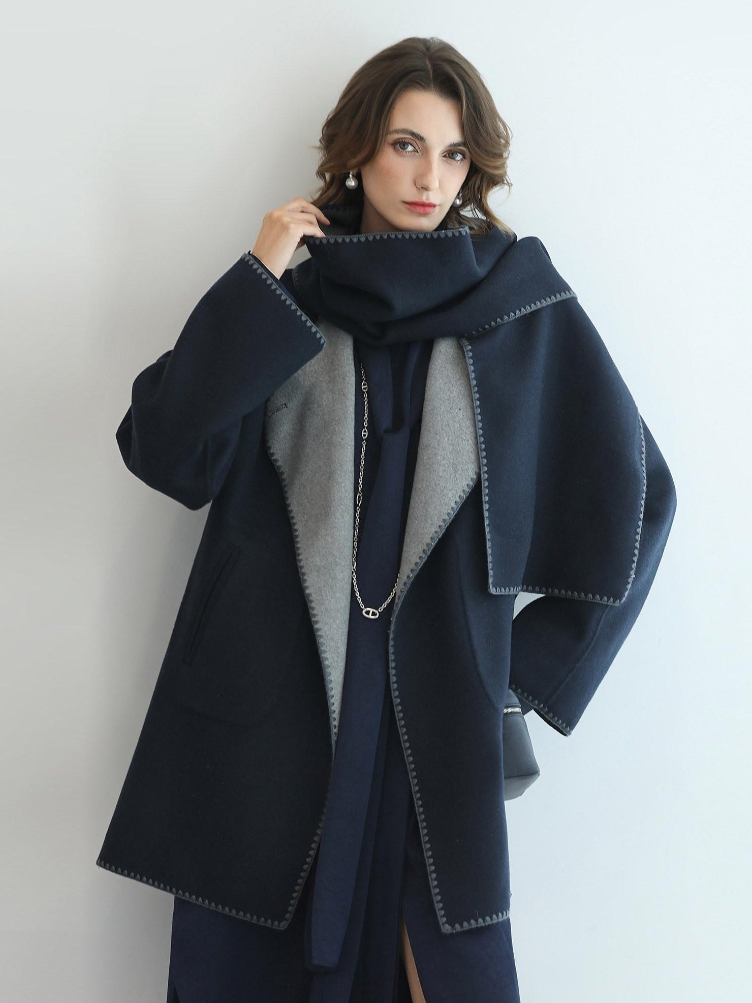 COCOBELLA Thick Wool Blend Shell Embroidered Scarf Minimalist Loose Women Workwear Coats