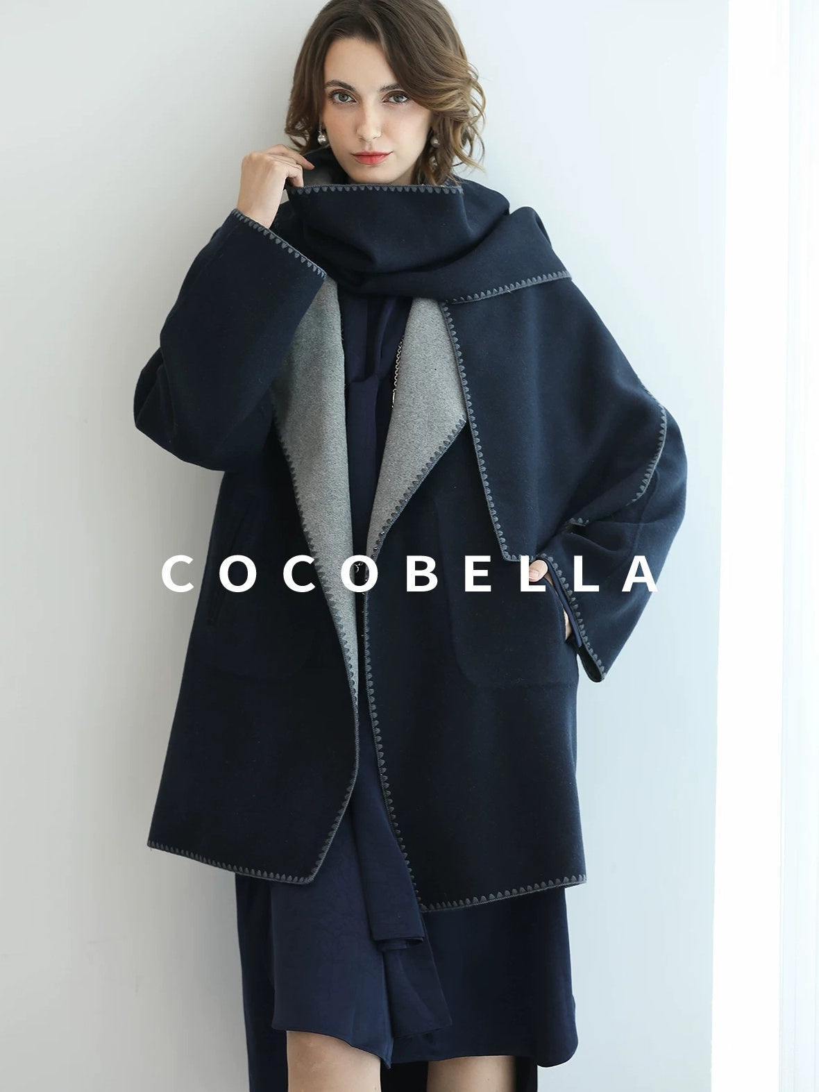 COCOBELLA Thick Wool Blend Shell Embroidered Scarf Minimalist Loose Women Workwear Coats
