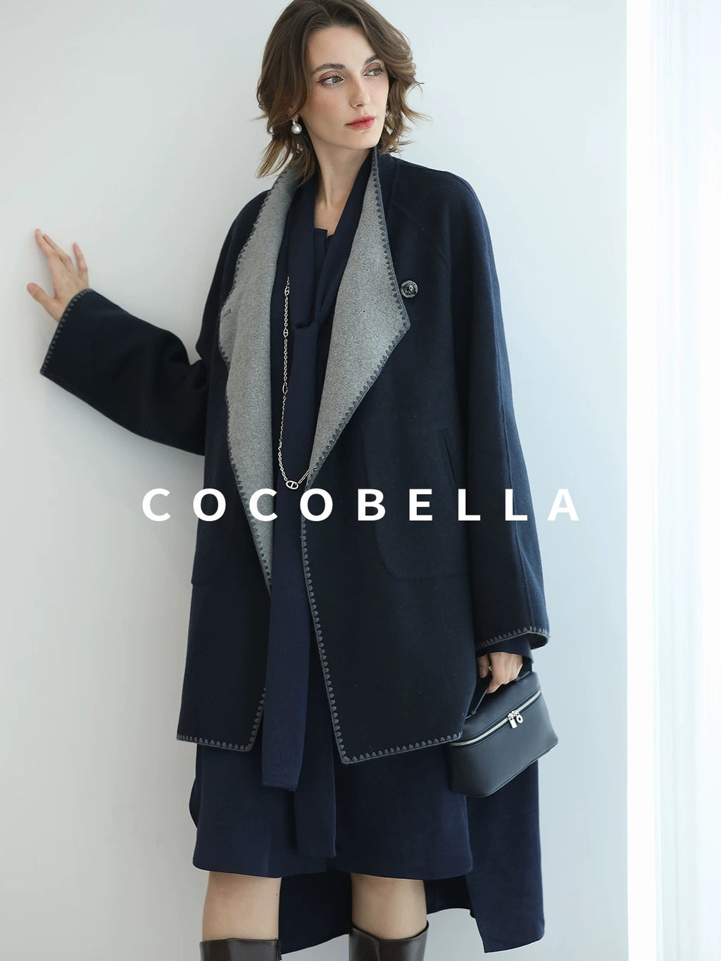 COCOBELLA Thick Wool Blend Shell Embroidered Scarf Minimalist Loose Women Workwear Coats