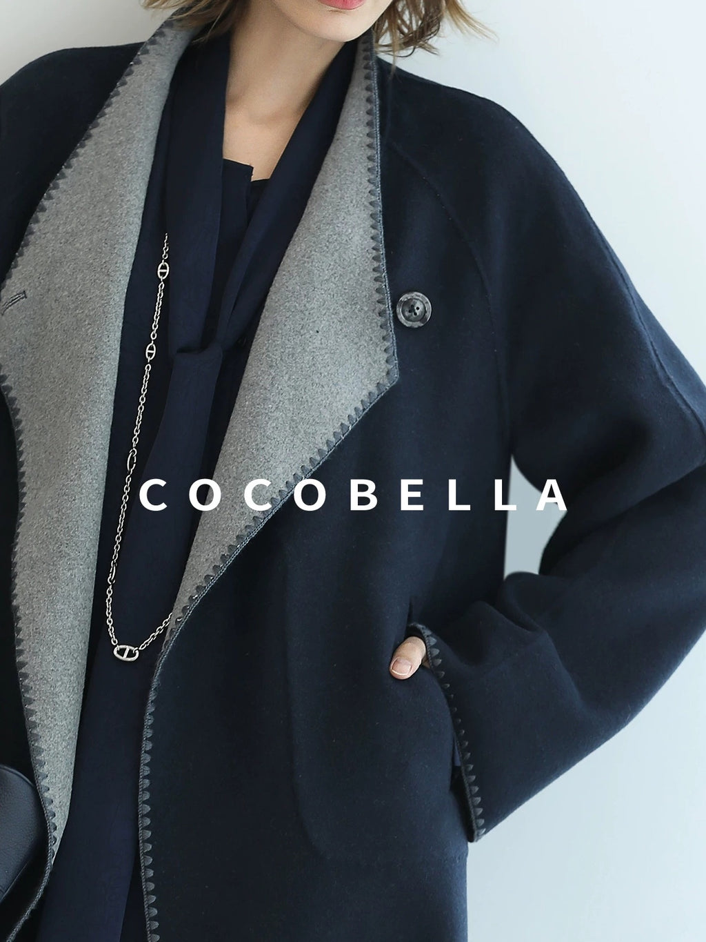 COCOBELLA Thick Wool Blend Shell Embroidered Scarf Minimalist Loose Women Workwear Coats