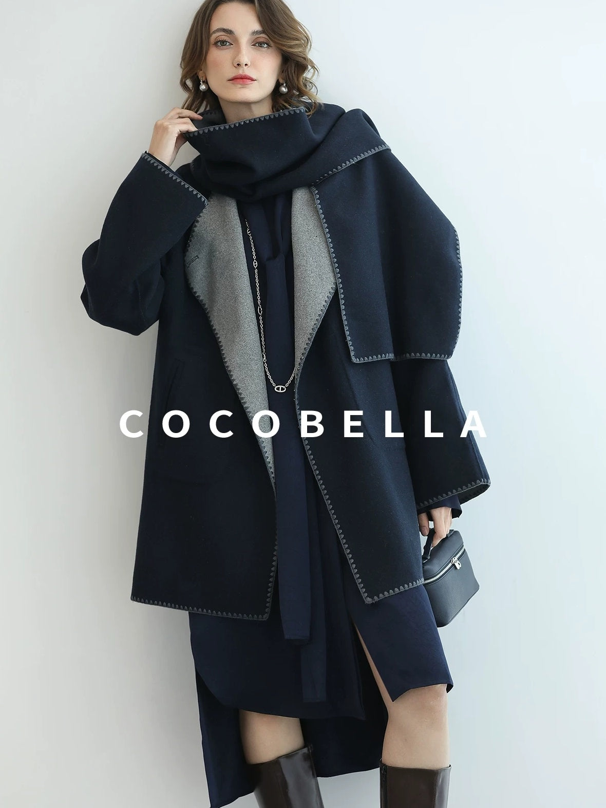 COCOBELLA Thick Wool Blend Shell Embroidered Scarf Minimalist Loose Women Workwear Coats