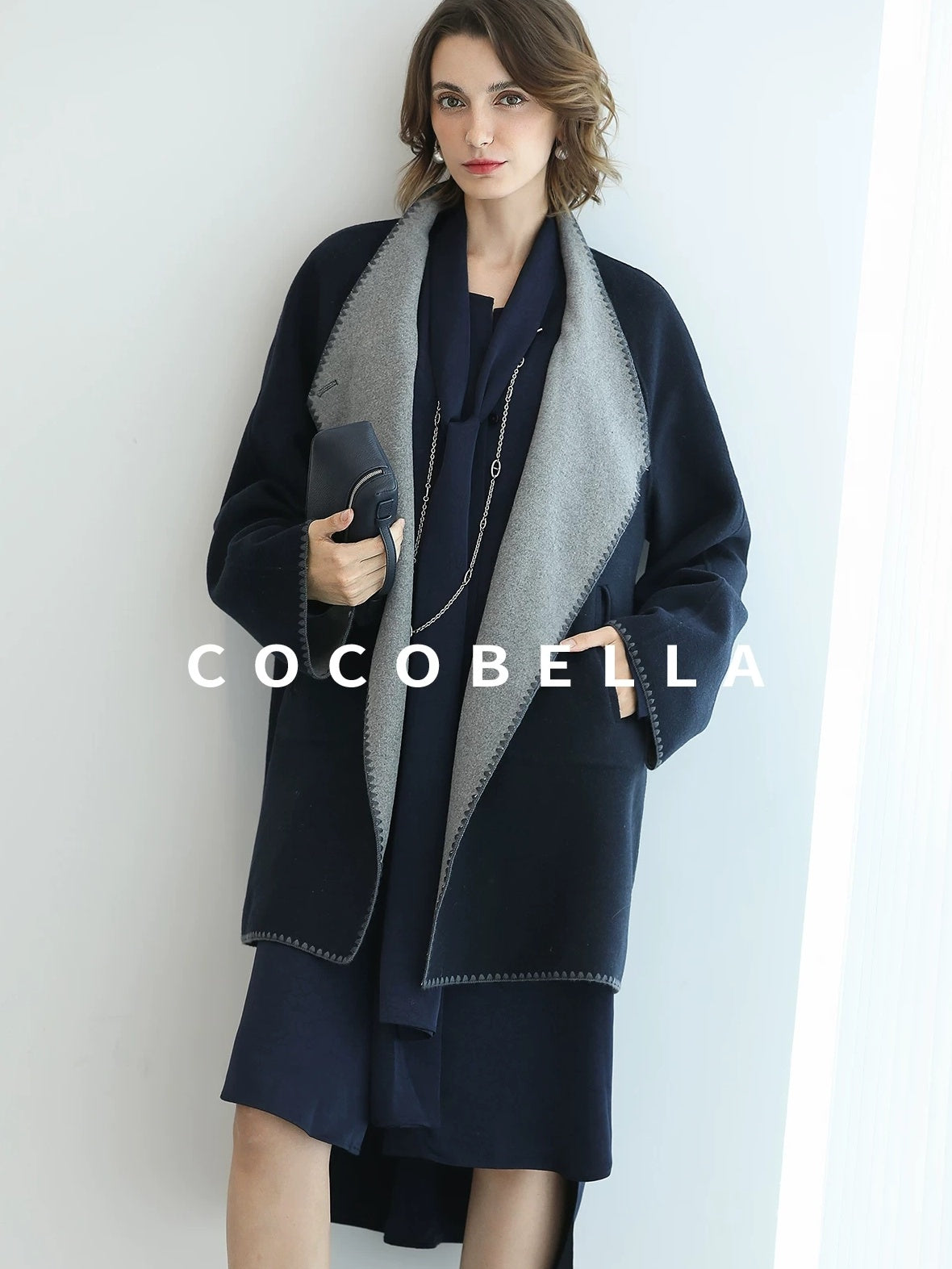 COCOBELLA Thick Wool Blend Shell Embroidered Scarf Minimalist Loose Women Workwear Coats